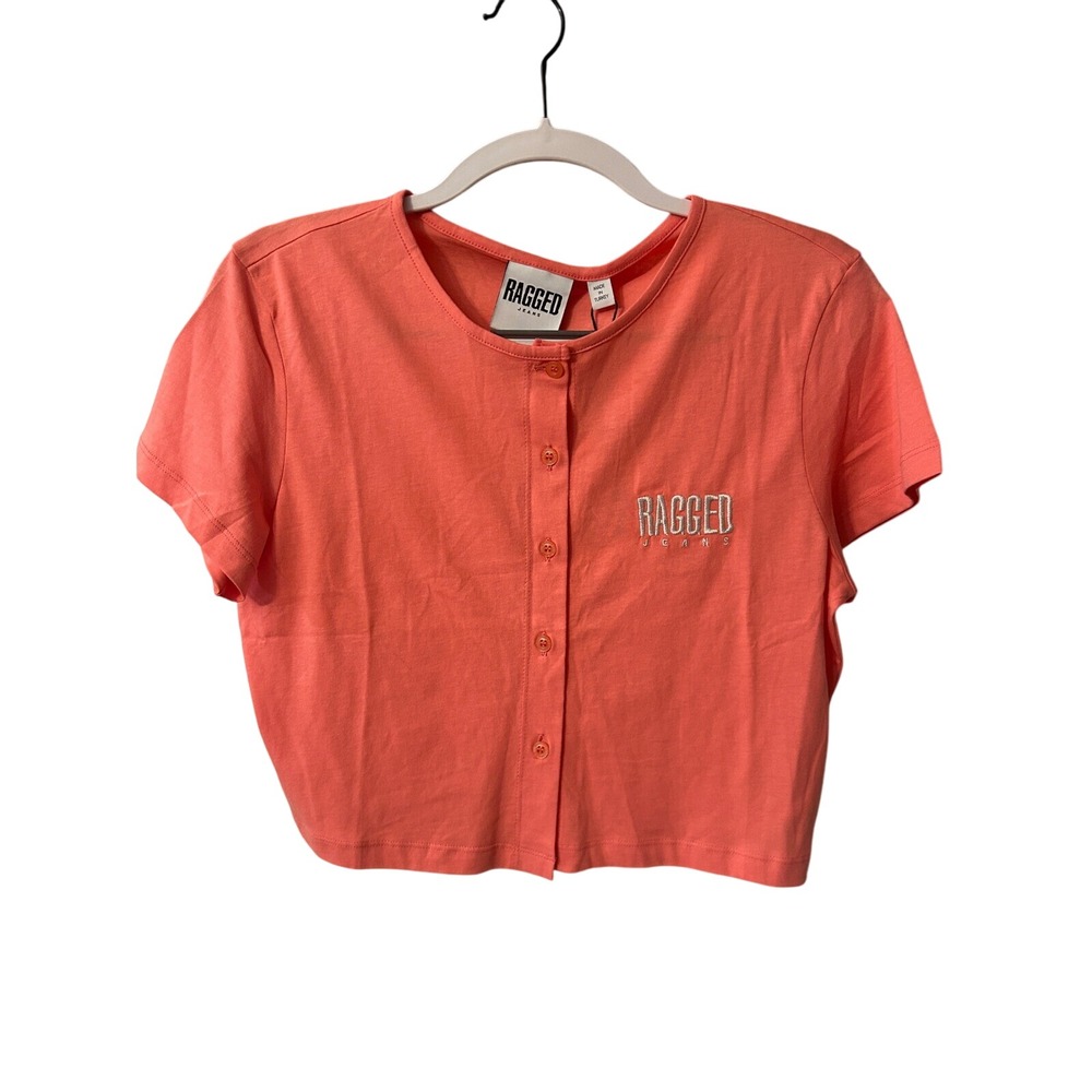 Ragged Jeans Verve Button Up Top Cropped Short Sleeve Tee‎ Shirt Pink XL